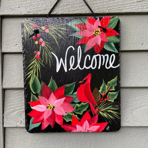 Painted Christmas slate tile, Christmas plaque, door hanger, Christmas door hanger, Poinsettias and cardinal, Painted slate, slate sign