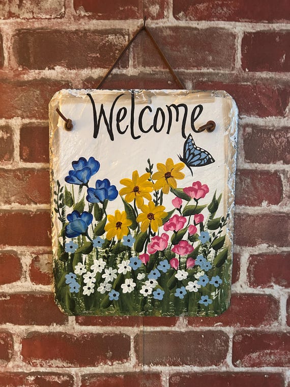 Hand Painted Slate sign, Spring Welcome sign, Front door Slate, Spring Slate Sign, door hanger, Spring slate, Slate welcome plaque
