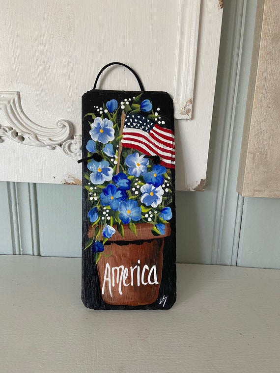 Fourth of July sign, Painted slate, Garden decor, painted slate sign, Patriotic painting on slate, Patriotic porch sign, Outdoor decor