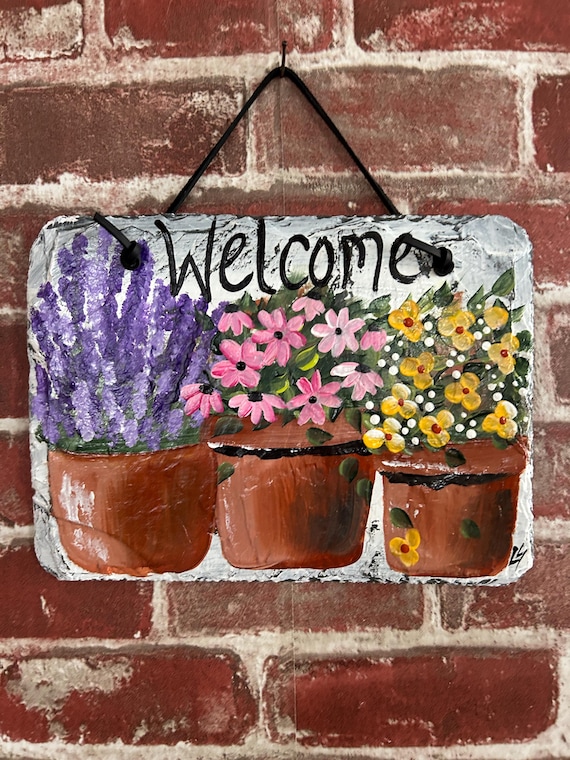 Floral Slate Welcome Sign: Porch decor, slate door hanger