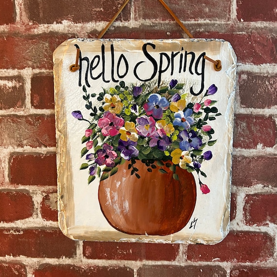 Hello Spring painted slate sign, Painted slate sign, welcome sign, Spring door hanger, garden decor, porch decor, Slate sign, painted tile