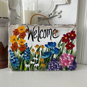 Painted slate welcome sign, garden slate sign, floral welcome plaque, Porch decor, door hanger, small slate welcome sign, garden decor image 2