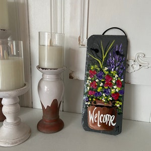 Painted slate welcome sign, personalized garden slate sign, Floral welcome plaque, Porch decor, door hanger, porch sign, garden decor image 6