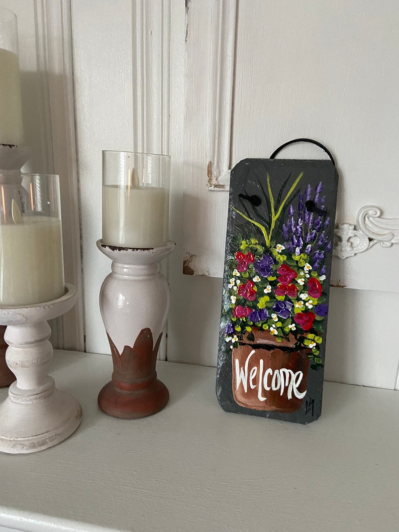 Painted slate welcome sign, personalized garden slate sign, Floral welcome plaque, Porch decor, door hanger, porch sign, garden decor image 6