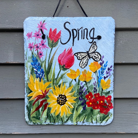 Painted Slate sign, Porch decor, Floral Welcome sign, door Slate, Spring Slate Sign, door hanger, Spring slate, Slate welcome plaque