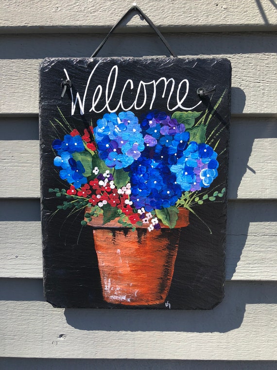Painted hydrangea welcome Slate sign, Welcome sign, painted Slate, Door hanger, Porch Decor, Deck Decor