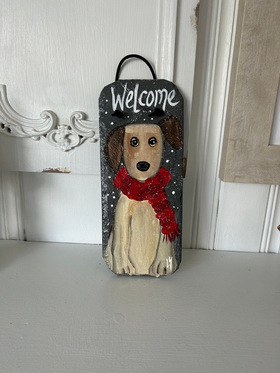 Painted winter dog welcome slate, Painted slate, Winter Porch decor, painted slate sign, dog painting on slate, Dog lover gift, dog decor