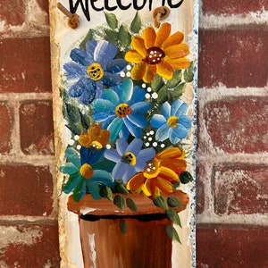 Painted Flowers, Painted slate, Spring Porch decor, painted slate sign, painting on slate, Spring welcome sign on slateSpring decor image 3