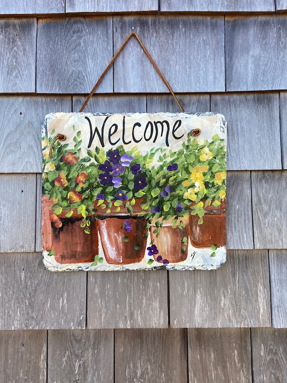 ウッドウォールアート(930×480・2) Slate Welcome Sign: Spring Floral Door Hanger, Painted Garden Sign