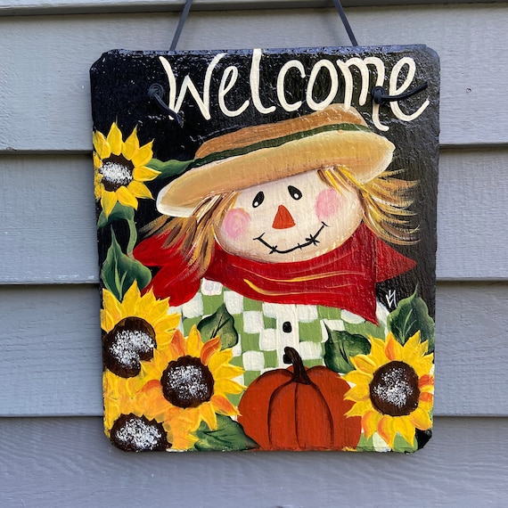 Scarecrow Painted slate tile, welcome plaque, door hanger, slate sign, Fall sign, welcome sign, Painted slate, Fall slate sign, porch decor
