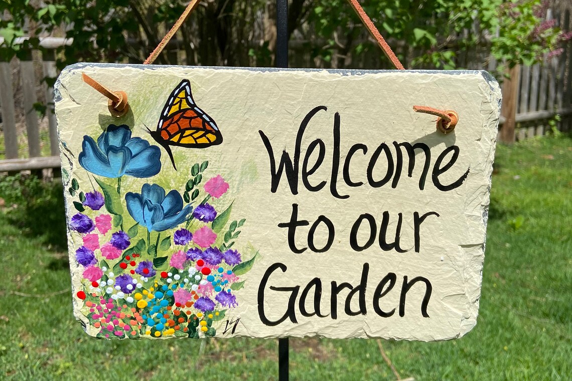 Painted garden sign Slate sign for garden to our Etsy