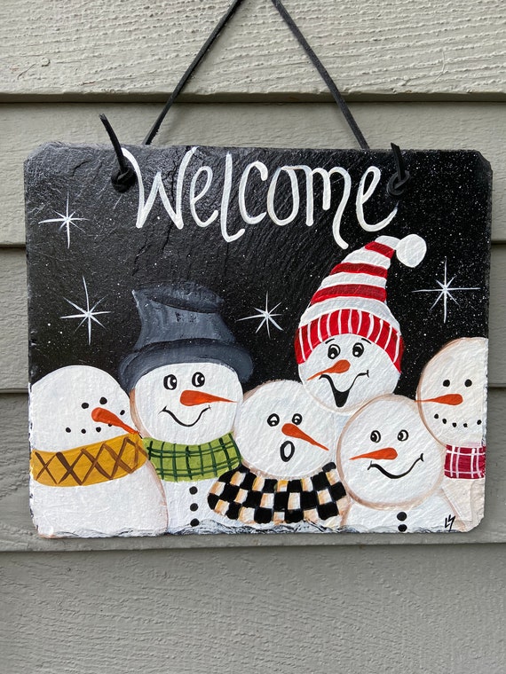 Custom Family Snowman Slate Welcome Sign - Hand Painted Winter Decor