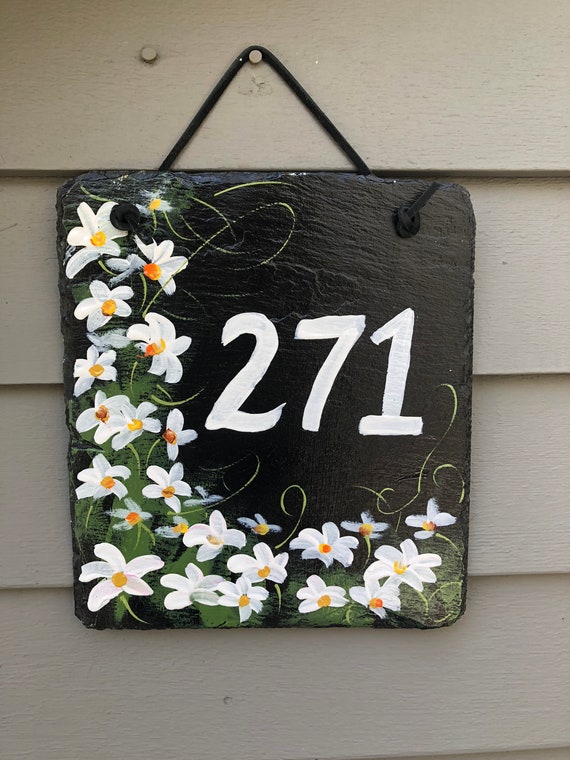 Slate house number sign. Spring address door hanger