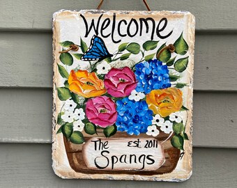 Hand Painted Slate sign, Spring Welcome sign, Front door Slate, Spring Slate Sign, door hanger, Spring slate, Slate welcome plaque