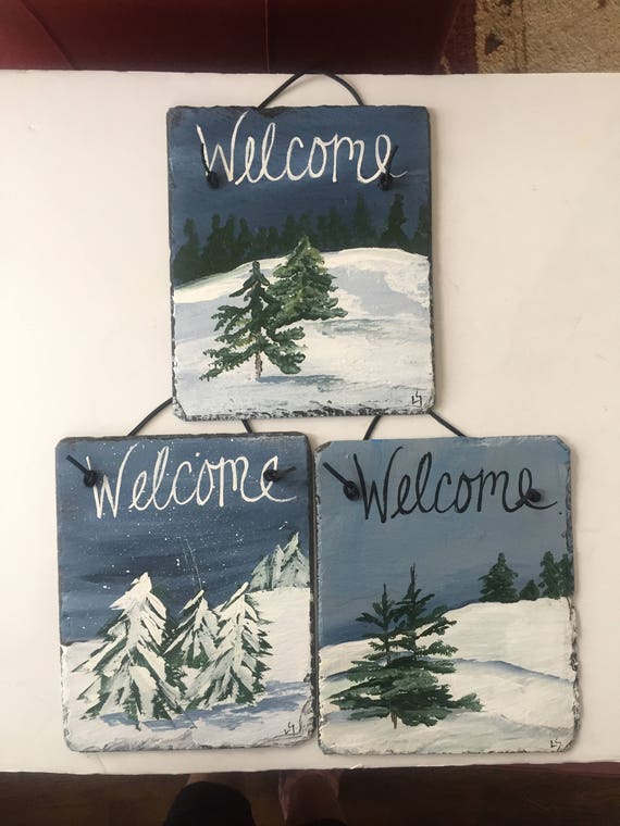 Winter Door Hanger Painted Slate Welcome Sign Winter Scene Slate Door Hanging Snow Scene Wall Hanging Welcome Sign Door Hanging