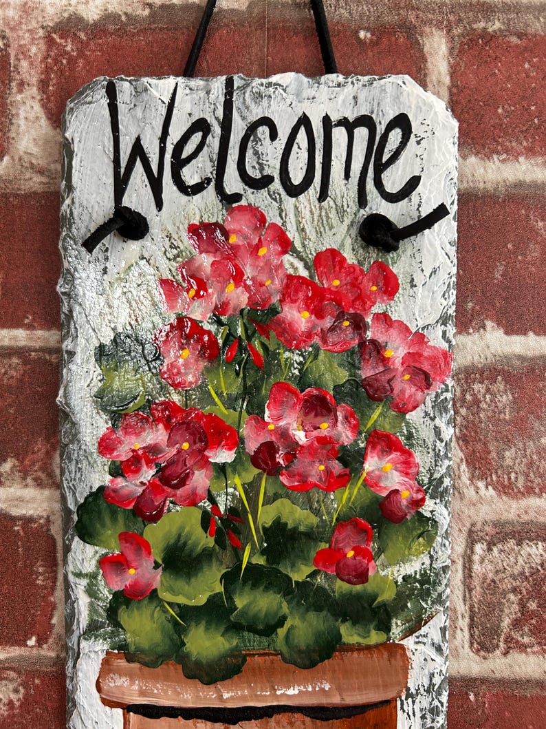 Hand Painted Geranium Slate Welcome Sign: Spring Porch Decor (5x12) - Etsy