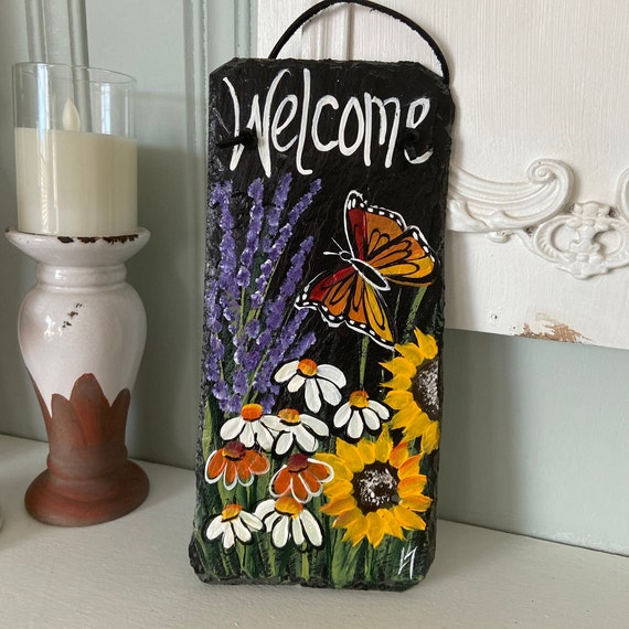 Painted slate welcome sign, garden slate sign, floral welcome plaque, Porch decor, door hanger, slate welcome sign, garden decor