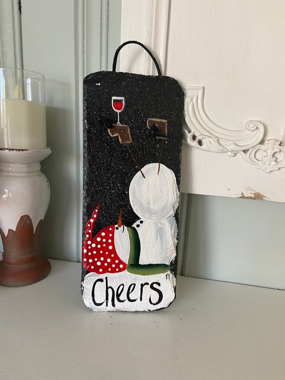 Hand painted "Cheers" snowman slate sign: Rustic Wine decor, Festive holiday decor