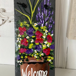 Painted slate welcome sign, personalized garden slate sign, Floral welcome plaque, Porch decor, door hanger, porch sign, garden decor image 4