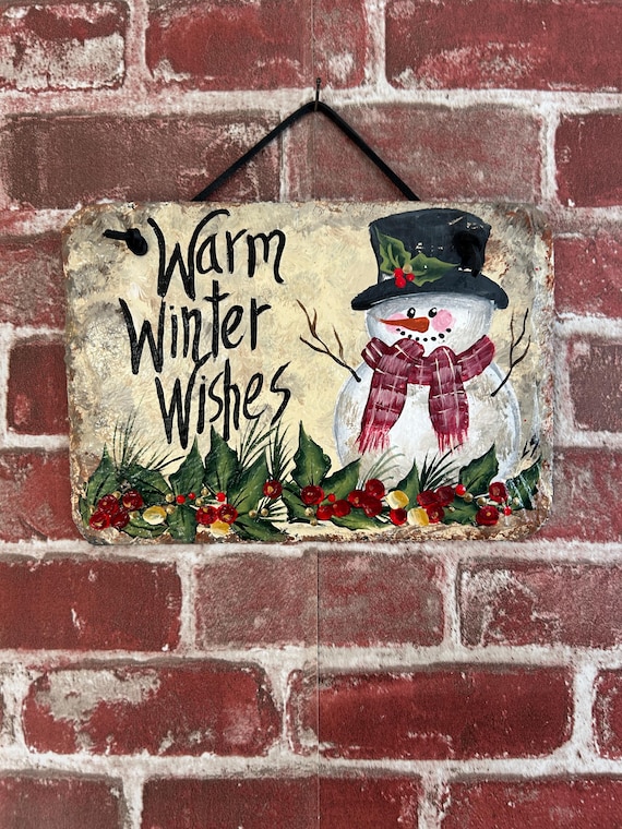 Hand Painted Slate Welcome Sign: Snowman house sign, Winter Porch Decor