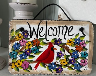 Painted slate welcome sign, garden slate sign, Cardinal welcome plaque, Porch decor, door hanger, small slate welcome sign, garden decor