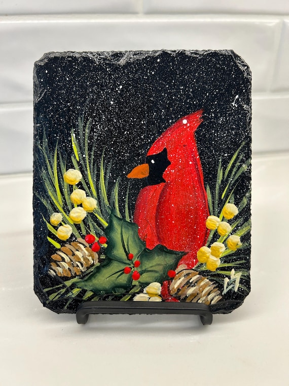 Hand Painted Cardinal Slate Art: Christmas Shelf Sitter (6x5 in
