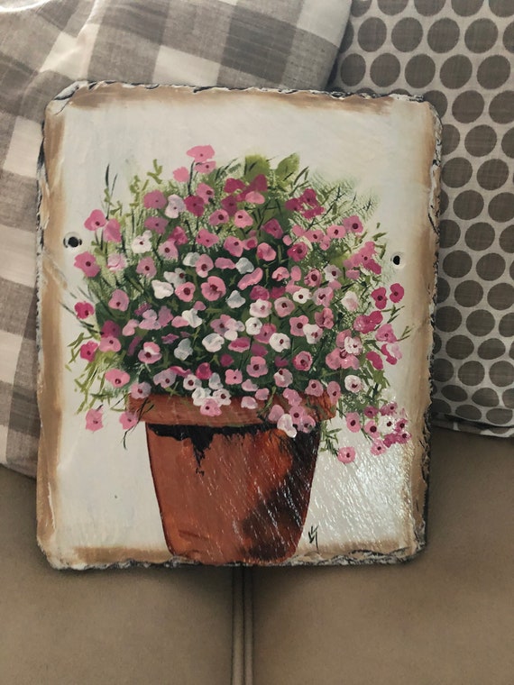 Painted slate sign, Floral outdoor art, spring porch decor