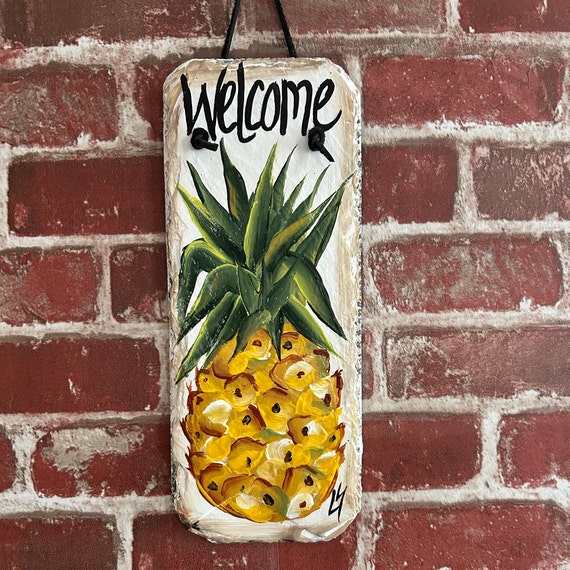 Painted Pineapple slate, Painted slate, Welcome sign, Porch decor, slate sign, painting on slate, Spring welcome sign on slateSpring decor