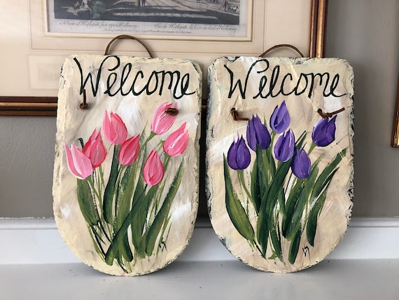 Hand Painted Slate Spring Tulip welcome sign
