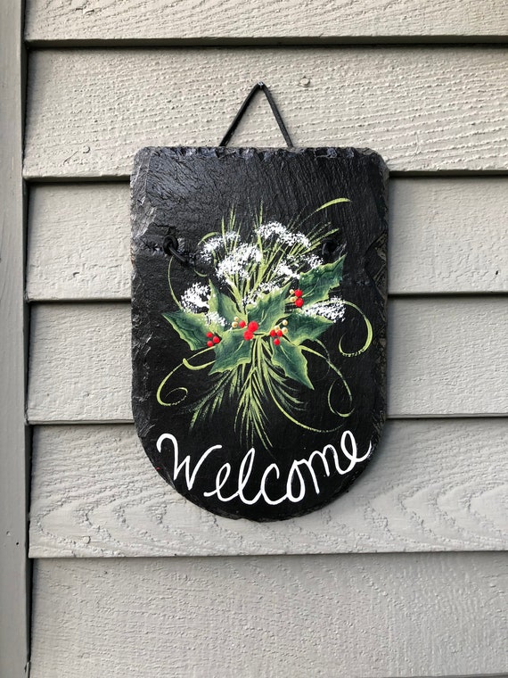 Winter welcome Sign, Christmas Holly front door decoration, Painted Slate, Winter Porch Decor, Door decor, Door hanger, Christmas Decor