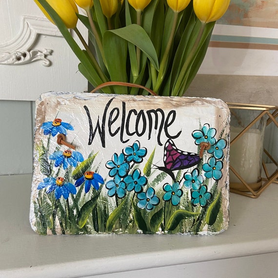 Painted slate welcome sign, garden slate sign, Hydrangea welcome plaque, Porch decor, door hanger, small slate welcome sign, garden decor