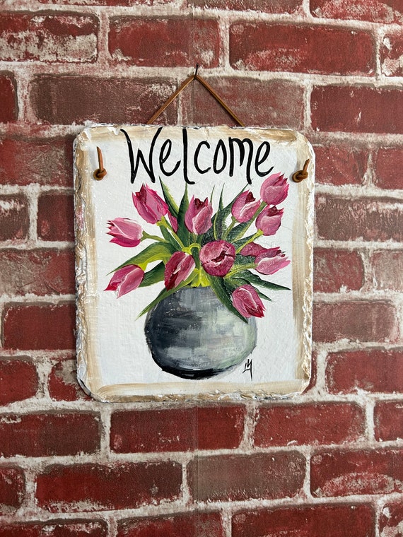 Floral welcome sign, Painted slate sign, welcome sign, Spring door hanger, garden decor, porch decor, Slate sign, painted tile, garden sign