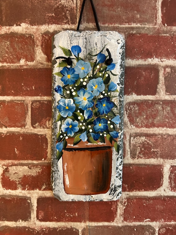 Hand-Painted Blue Floral Slate welcome Sign: Spring Porch Decor (12x5)