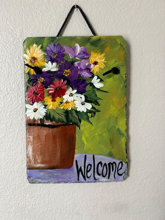 Painted Floral slate SIGN, welcome spring door hanger, Spring porch decor, Hand Painted floral welcome sign, painted Deck decor, slate sign