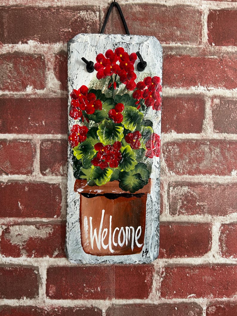 Red Geranium Slate Welcome Sign: Spring Porch Decor (12x5) - Etsy