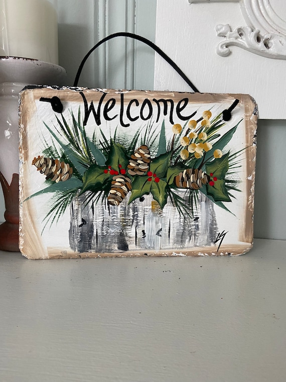 Painted Christmas welcome sign, winter Porch decor, painted slate sign, Winter Birch and Holly sign, Winter door hanger, winter slate sign