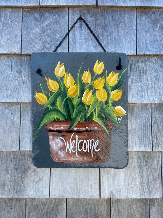 Spring tulip slate sign, Yellow Tulips Welcome sign, Easter Door hanger, painted slate tulip sign, Spring Porch Decor, Slate welcome plaque