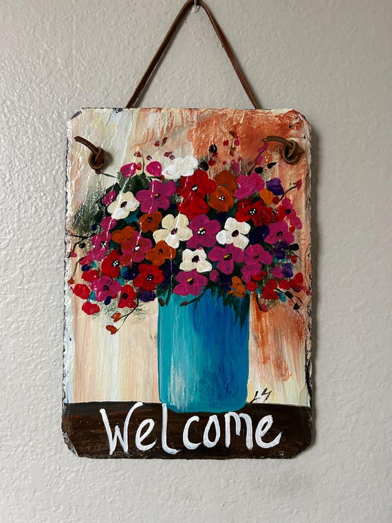 Painted daisy slate, welcome floral door hanger, Daisies porch decor, Hand Painted floral welcome sign, Deck decor, garden decor