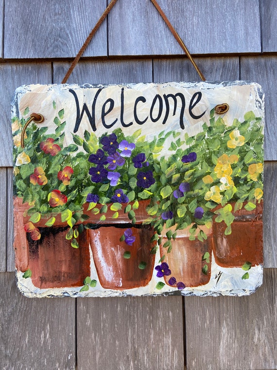 Hand Painted Slate sign, Spring Welcome sign, Front door Slate, Spring Slate Sign, door hanger, Spring slate, Slate welcome plaque