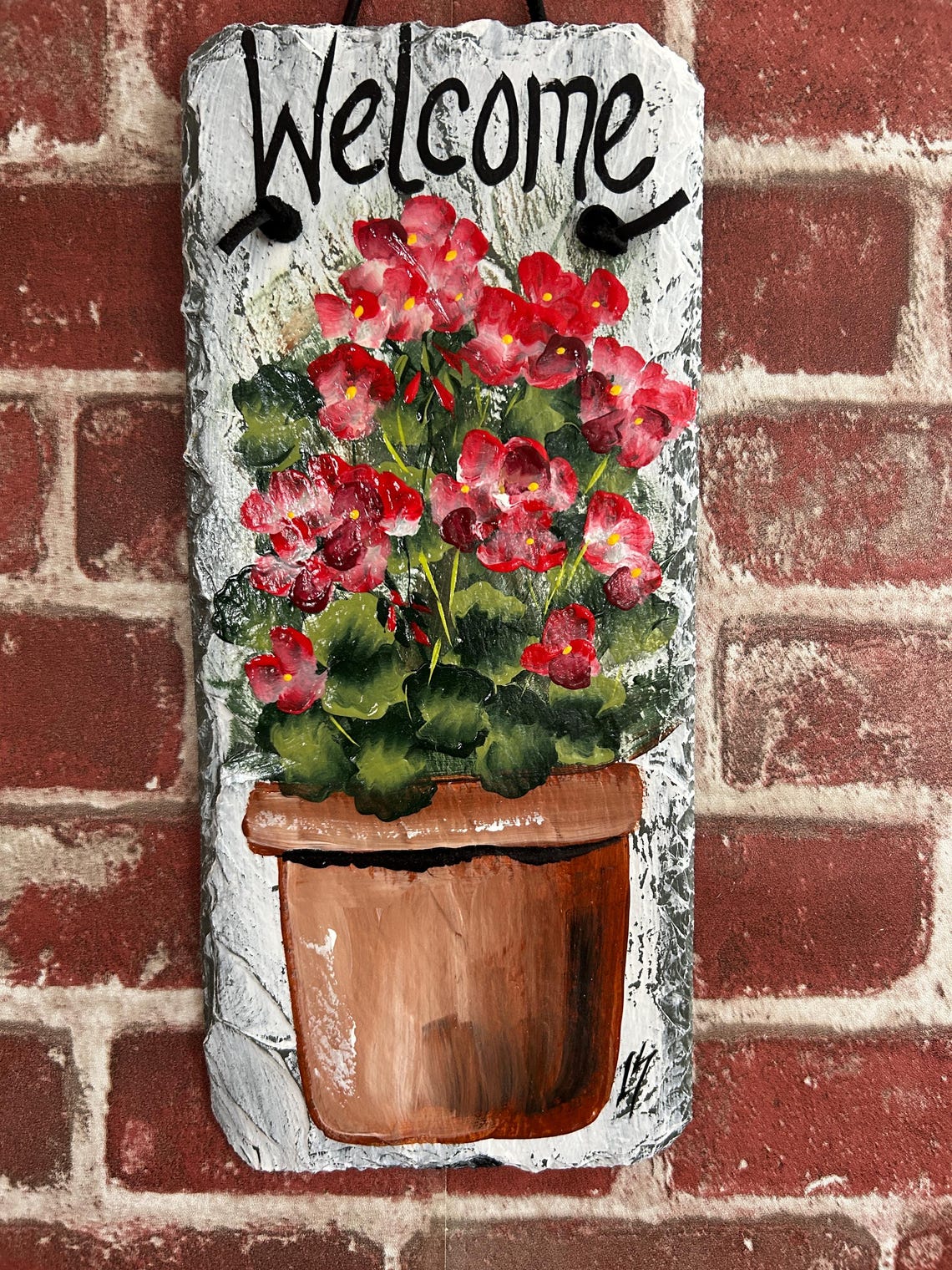 Hand Painted Geranium Slate Welcome Sign: Spring Porch Decor (5x12) - Etsy