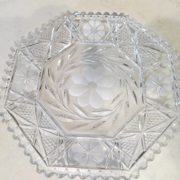 Vintage Circa 1930s Leaded Glass Octagon Plate with Etched Flowers and Leaves