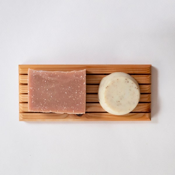 Zero Waste Shower Set: Long Cedar Soap Tray, Solid Shampoo Bar, and Sheep's Milk Soap, Eco Friendly Gifts, Gifts for Her