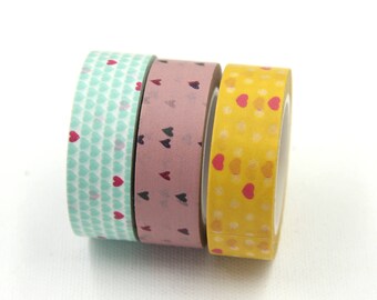 Washi Tape Set (3 Rolls), Mint Yellow Hearts Party, BOHO Retro Tape, Decorating Packaging Tape, Planner Journal Tape DIY Decor Wall Tape #6