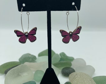 Wood Butterfly Earrings on Stainless Steel Hoops