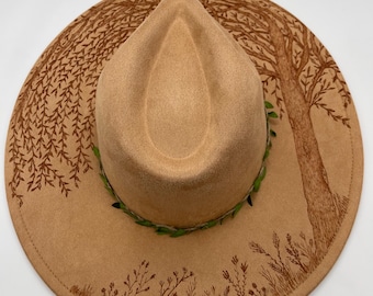 Weeping Willow Hand Burned Fedora Hat