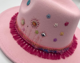 Pink Fedora Hand Burned Hat with Flowers and Gems