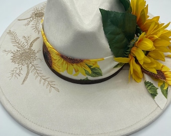 Hand Burned Sunflower Hat with Handmade Hatband