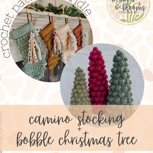 May include: A crochet pattern bundle for a camino stocking and bobble Christmas tree. The image shows a close-up of the finished crochet projects, with the stocking hanging on a fireplace mantel and the trees displayed on a white background. The pattern is available from Bobbles & Blooms Crochet Co.