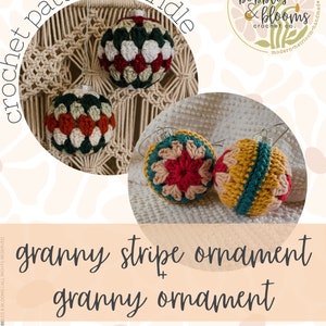 May include: A crochet pattern bundle for two Christmas ornaments. One ornament is a granny stripe ornament with red, green, and white stripes. The other ornament is a granny ornament with red, green, and white squares. The pattern is available for download from @bobblesandblooms on Instagram and www.bobblesandblooms.com.