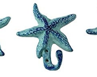 Starfish Cast Iron Wall Hooks Antique Blue Set of 3 for Coats Aprons Hats Towels Pot Holders